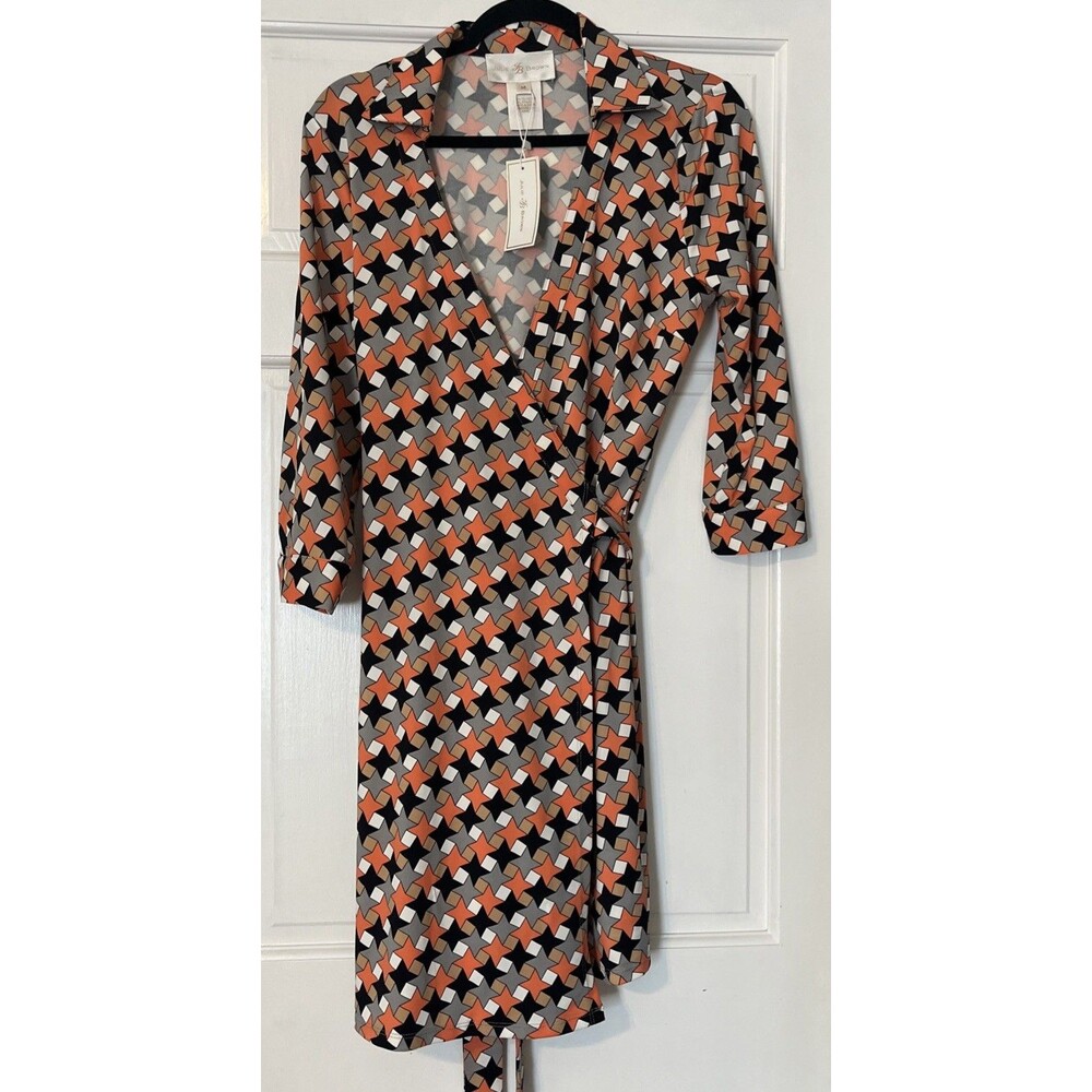 Julie Brown Milo Wrap Dress Medium Geometric Orange Stretch Career Sophisticated